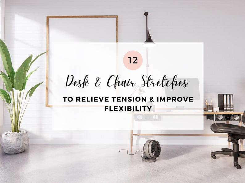 Pu&ograve; includere: Una scrivania bianca con una sedia da ufficio nera e un monitor per computer. Il testo sull'immagine recita "12 esercizi di stretching per scrivania e sedia per alleviare la tensione e migliorare la flessibilit&agrave;".