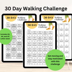 Peut inclure: Un planificateur de défi de marche de 30 jours imprimable avec un design jaune et blanc. Le planificateur comprend un calendrier de 30 jours et un espace pour cocher chaque jour. Le texte "Get moving and stay motivated with this challenge" est en bas de la page.