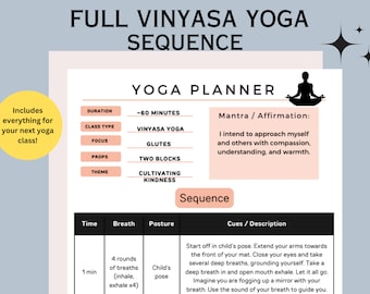 Full Body Flow: Vinyasa Yoga Sequence, Glute workout, Yoga Sequence planner, Vinyasa Yoga sequence poster, Yoga exercise planner, teach yoga