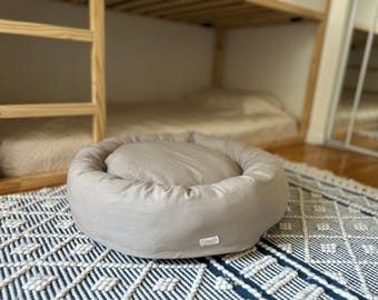 Natural Linen Donut Dog Bed: Eco-Friendly Cotton Fill, Washable Cover
