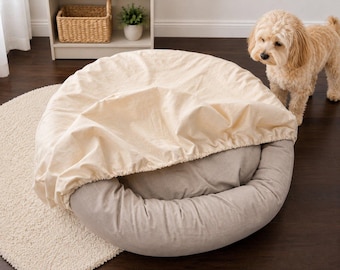 Natural Cotton Dog Bed Sheet | Fitted Cover for Round Donut Dog Bed | Washable Cotton Canvas Protector | Muslin Pet Bed Cover