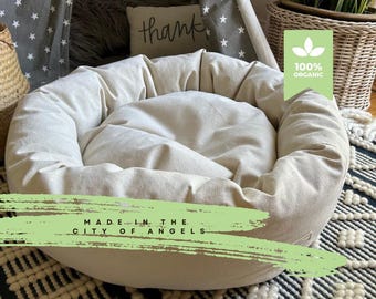 Cama para perros de algodón orgánico con relleno de algodón crudo, cama para perros tipo donut natural, funda lavable y extraíble, no tóxica, fabricada en EE. UU.
