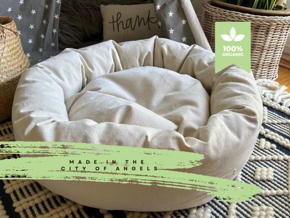 Organic Cotton Dog Bed with Raw Cotton Fill, Natural Donut Dog Bed, Washable Removable Cover, Non Toxic, Made in USA