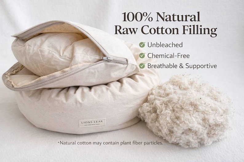 Natural raw cotton dog bed filling close up, unbleached chemical free cotton fiber, breathable supportive pet bed filling, eco friendly dog bed materials