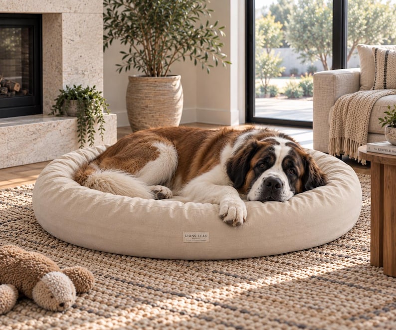 Saint Bernard resting on a large 50 inch natural cotton donut dog bed in a bright neutral living room.