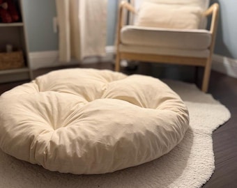 Ekologisk hundbäddsinsats – Rund kudde i naturlig muslin fylld med strimlad ekologisk latex