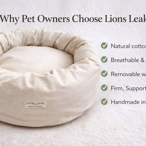 Natural cotton dog bed benefits infographic, breathable non toxic pet bed with removable cover, supportive cotton filling dog bed, handmade USA pet bed