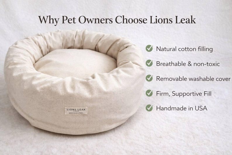 Natural cotton dog bed benefits infographic, breathable non toxic pet bed with removable cover, supportive cotton filling dog bed, handmade USA pet bed