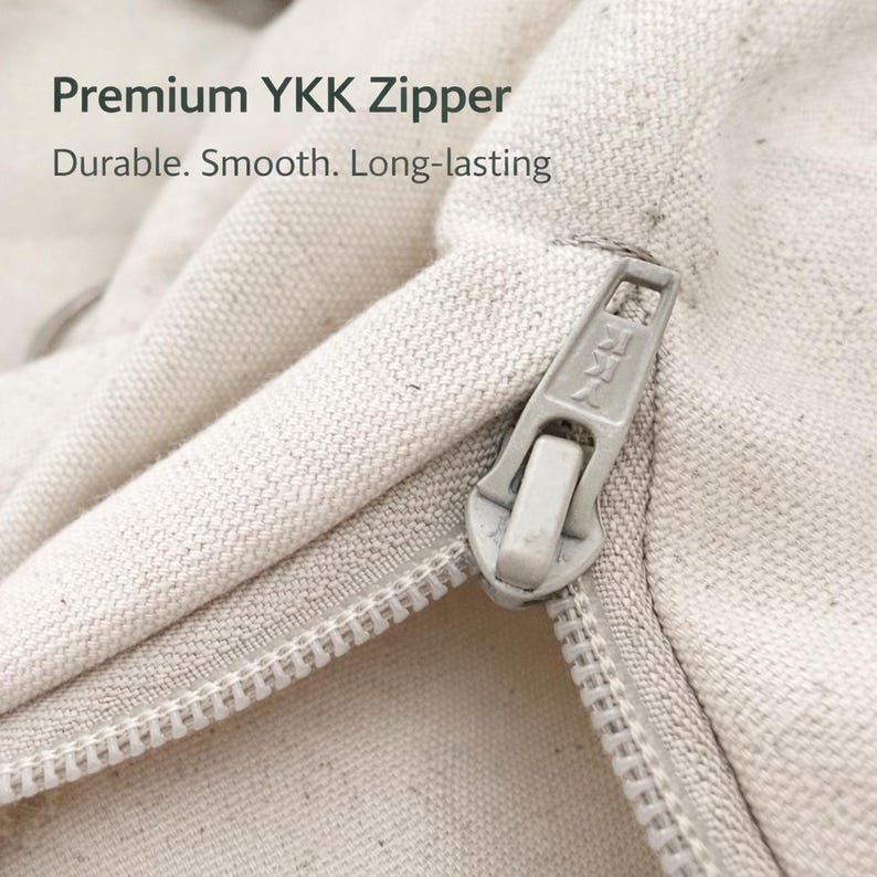 Premium YKK zipper on natural cotton dog bed cover, durable zipper detail, washable removable pet bed cover, high quality canvas dog bed construction