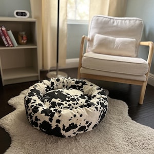Cow Print Canvas Dog Bed: Natural Cotton, Removable Cover