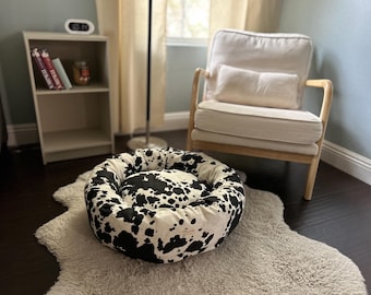 Cow Print Canvas Dog Bed: Natural Cotton, Removable Cover