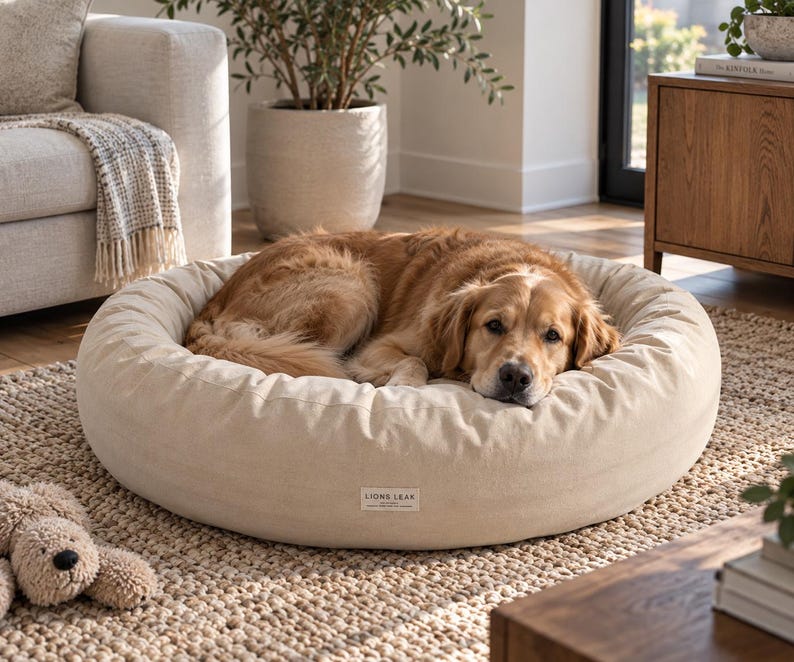 Golden Retriever relaxing on a 42 inch natural cotton donut dog bed with raised bolster sides in a neutral modern home.