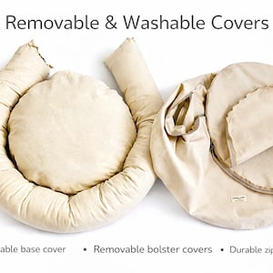Removable dog bed cover with separate cotton insert and bolster, natural canvas pet bed with zipper closure, washable organic dog bed components, eco friendly pet bed design