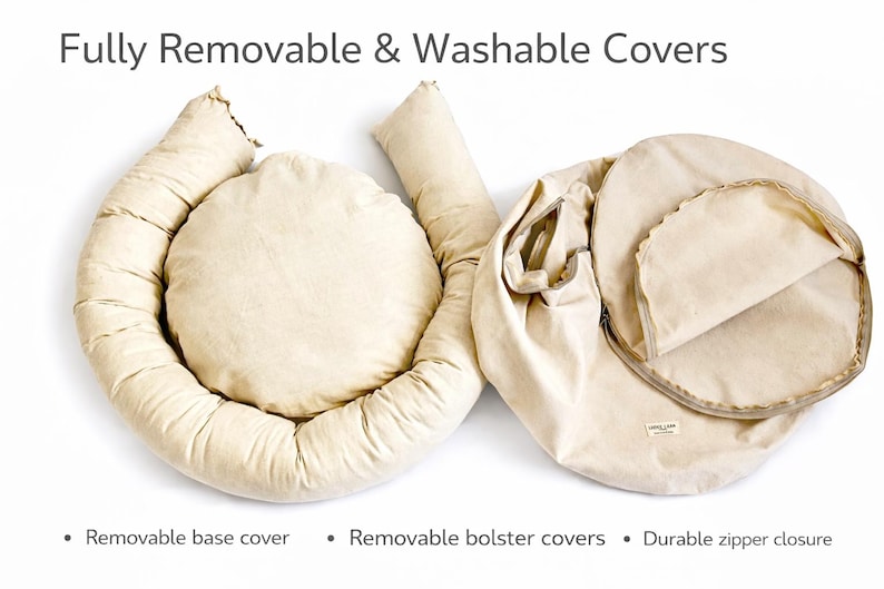 Removable dog bed cover with separate cotton insert and bolster, natural canvas pet bed with zipper closure, washable organic dog bed components, eco friendly pet bed design
