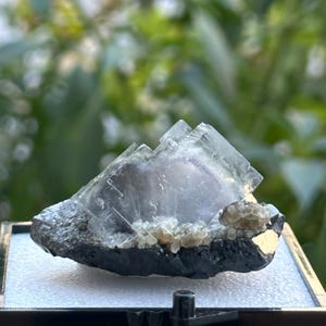 May include: A cluster of clear, iridescent fluorite crystals with a greenish hue, set on a dark gray matrix. The crystals are sharp and well-defined, with a slight purple tint.