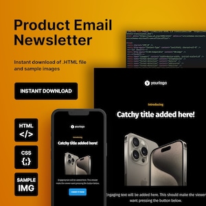 Op de afbeelding: Een mockup van een mobiel telefoonscherm waarop een product-e-mailnieuwsbrief met een zwarte achtergrond wordt weergegeven. De nieuwsbrief bevat een call-to-action-knop met de tekst "Ik wil het nu". De tekst op het scherm luidt "Introductie Pakkende titel toegevoegd!" en "Engagerende tekst wordt hier toegevoegd. Dit zou de kijker ertoe moeten brengen om op de knop hieronder te drukken."