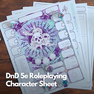 May include: A purple and teal Dungeons and Dragons character sheet with a skull and snake design. The sheet includes sections for character name, alignment, race, class, background, and ability scores.