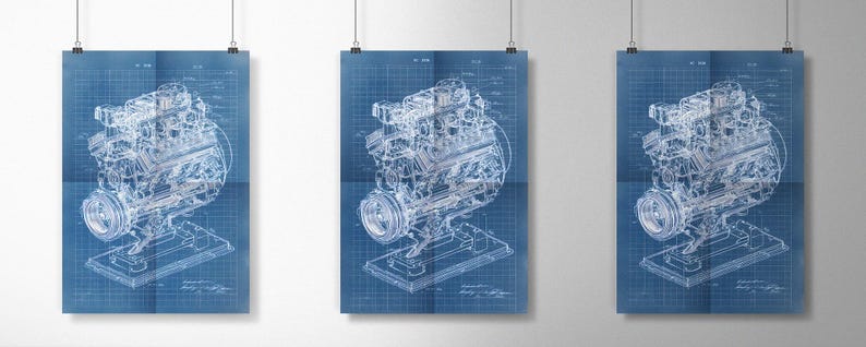Vintage V8 Engine Blueprint Poster, Automotive Wall Art (digital ...