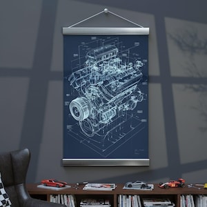 May include: A blueprint-style poster of a car engine, rendered in white lines on a dark blue background. The poster is displayed with a silver hanging system. The image is in a room with a bookshelf and model cars.