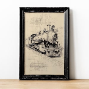 May include: A framed pen and ink drawing of a steam train, set against a beige background with architectural sketches. The black frame surrounds the detailed illustration of the vintage locomotive, showcasing its intricate design and mechanical elements.