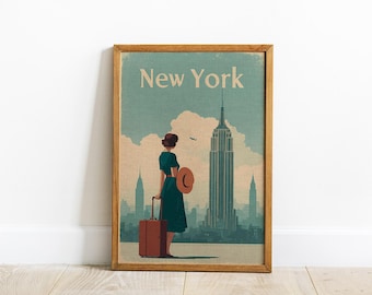 Minimalist NYC Skyline Travel Poster, Mid-Century Modern Wall Art (Digital Download)