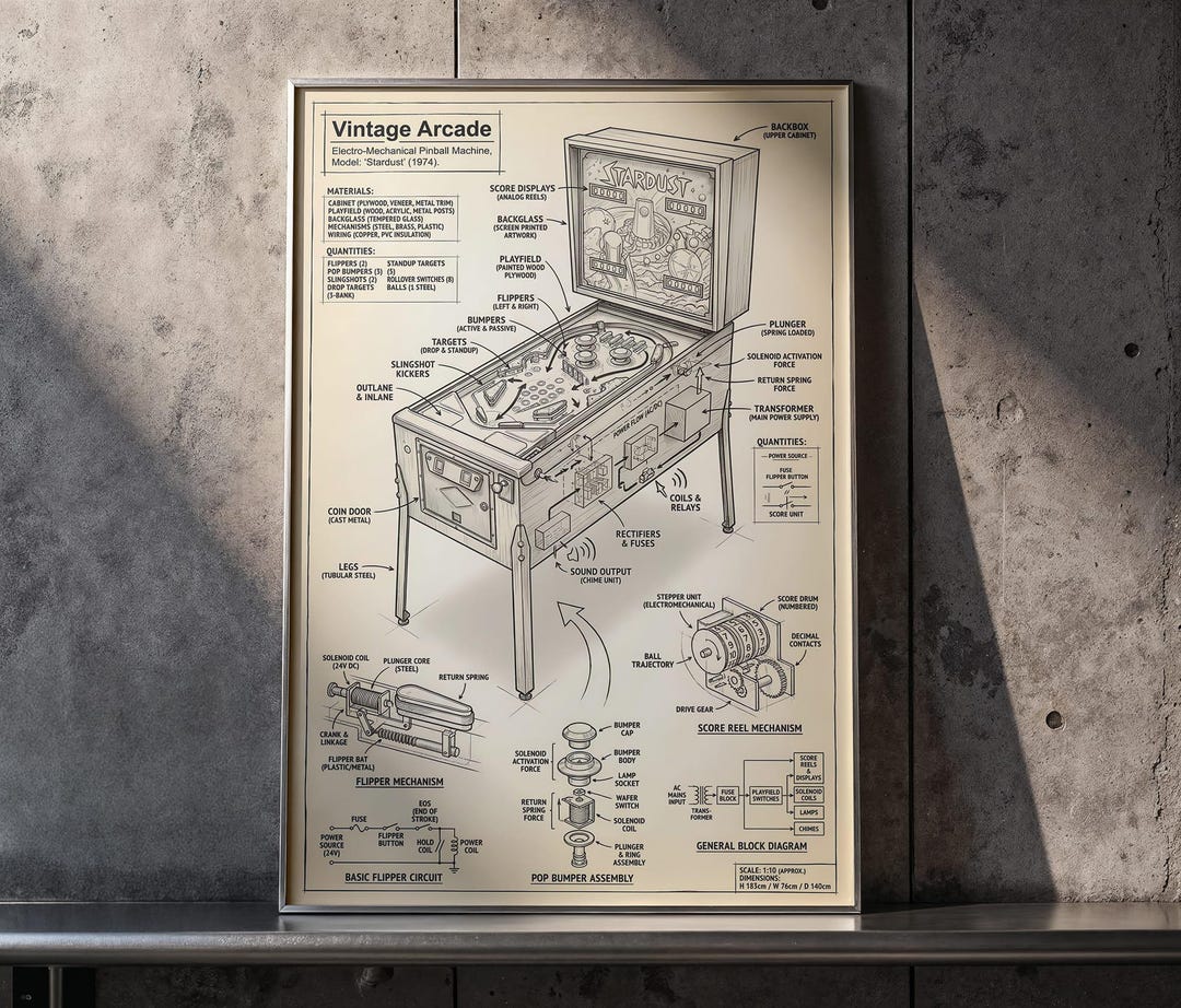 Vintage Pinball Machine Blueprint Poster, Retro Arcade Game Room Art ...