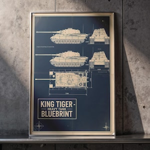 May include: Framed blueprint of a King Tiger heavy tank, featuring detailed technical drawings in beige against a dark blue background. The print includes multiple views of the tank and the text "King Tiger - Heavy Tank - Blueprint".