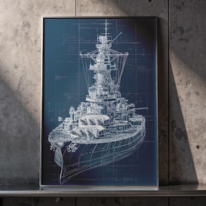 May include: Framed blueprint-style print of a battleship. The detailed illustration features a complex network of lines and structures, rendered in white against a deep blue background. The print is encased in a silver frame, adding a touch of elegance.