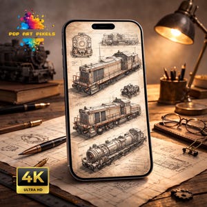 May include: A smartphone displays detailed sketches of various locomotives. The phone rests on a wooden desk with pens, books, and a desk lamp. The image includes the text "POP ART PIXELS" and "4K ULTRA HD".