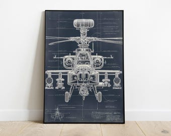 AH-64 poster blauwdruk apache-helikopter, militaire luchtvaartkunst (digitale download)