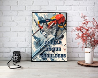 May include: A watercolor painting of a vintage airplane in flight with the text "Angels on our shoulders" in blue lettering.