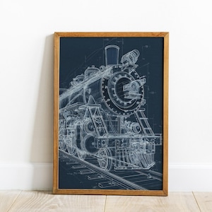 May include: A framed blueprint of a steam train. The detailed illustration is in white against a dark blue background. The wooden frame adds a classic touch to the artwork, which is leaning against a white wall.
