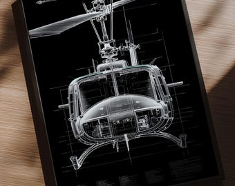 Huey Hubschrauber Blueprint Kunst, Militärfliegerei Druck (Digitaler Download)