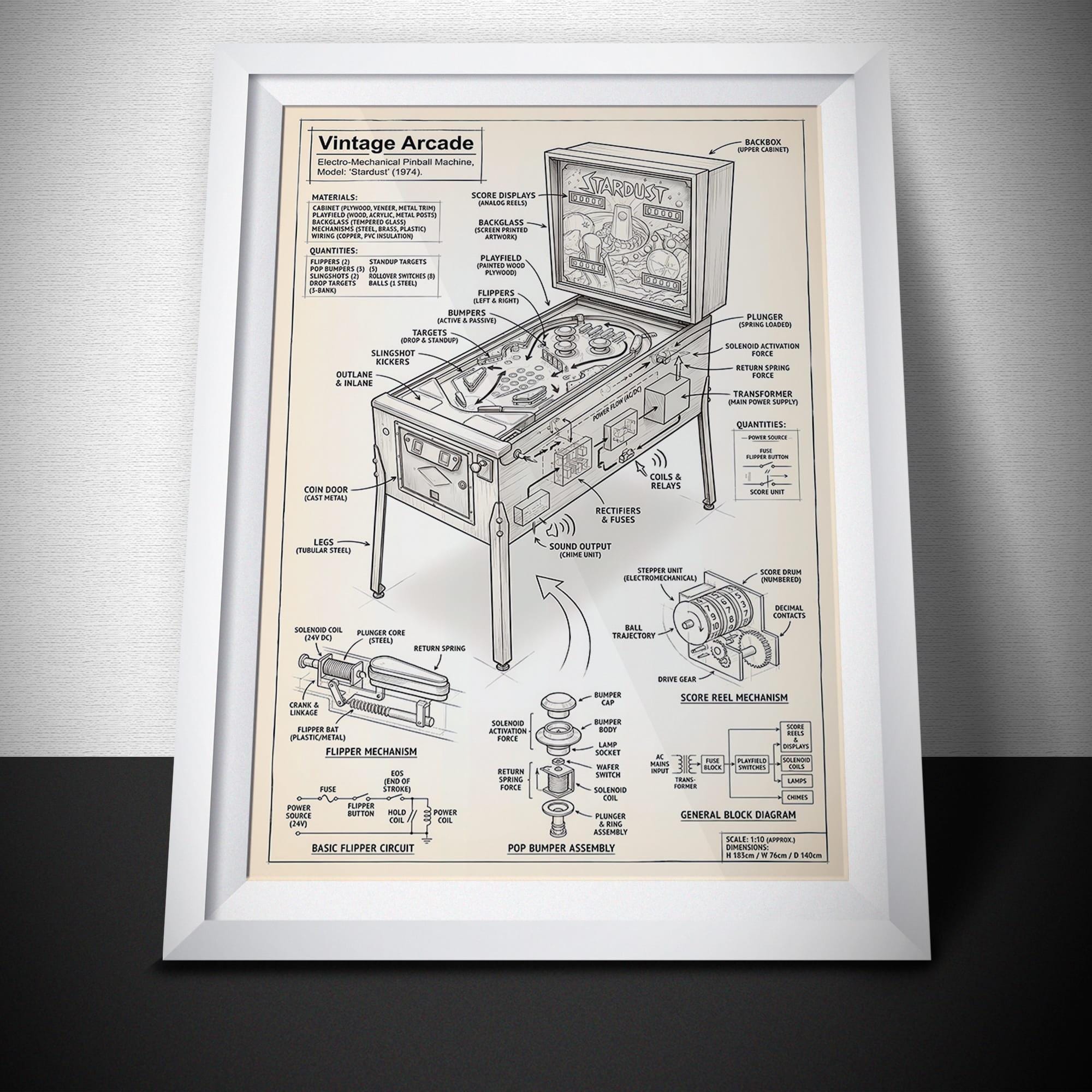 Vintage Pinball Machine Blueprint Poster, Retro Arcade Game Room Art ...