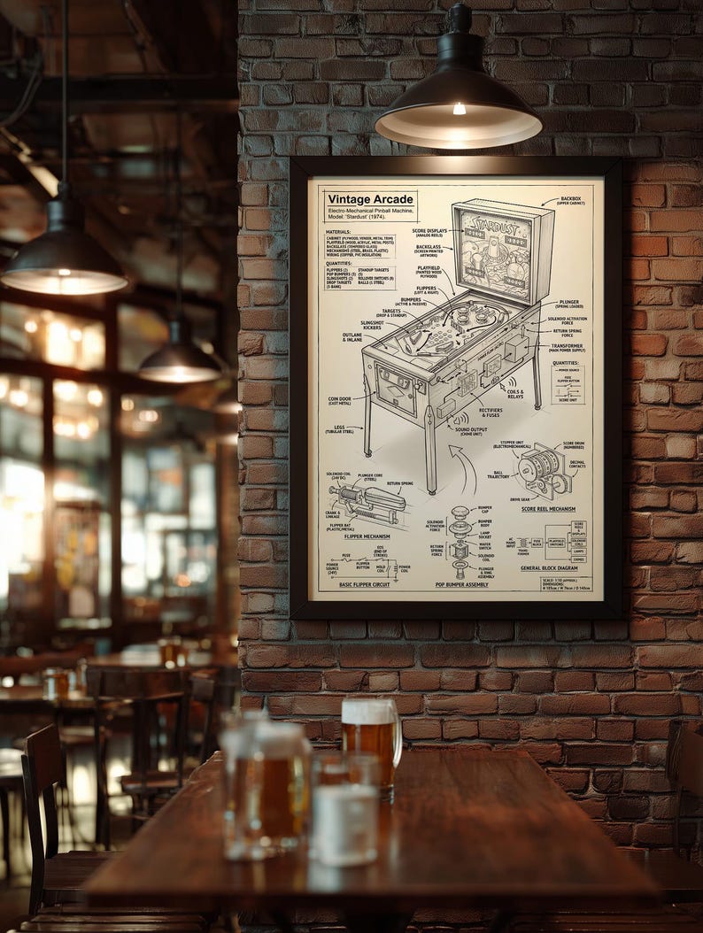Vintage Pinball Machine Blueprint Poster, Retro Arcade Game Room Art ...
