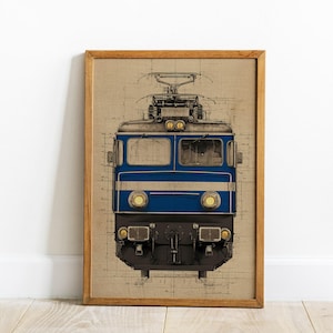 May include: Framed print of a vintage blue and black electric train, set against a blueprint-style background. The train features two headlights and a detailed front. The artwork is encased in a wooden frame, creating a classic aesthetic.