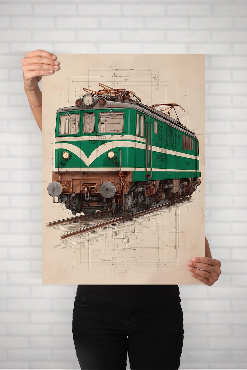 E Train Drawing Retro Electric Locomotive Art Print, Vintage Train Illustration ...