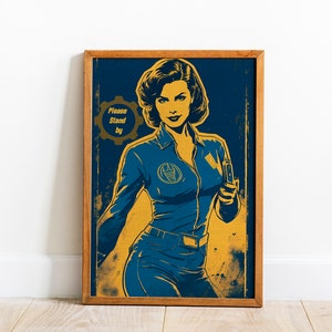 Pin-Up Lady in Blue Vault Suit Digital Poster, High-Quality Game Room Poster, Instant Download, Video Game Fan Art, Dystopian Poster Art