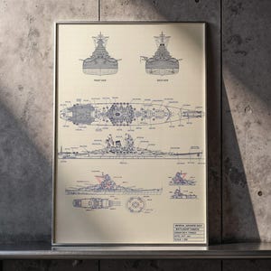 May include: Framed blueprint of the Imperial Japanese Navy Battleship Yamato, featuring front, back, top, and side views. The detailed technical drawings are in blue ink on a cream-colored background. The framed print includes text at the bottom.