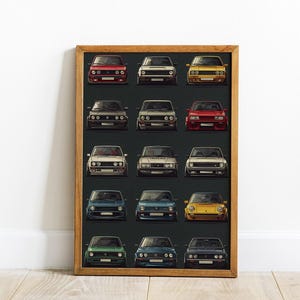 Könnte beinhalten: Ein gerahmter Druck mit einem Raster von illustrierten klassischen Autos in verschiedenen Farben, darunter Rot, Weiß, Gelb und Grün. Die Autos sind von vorne dargestellt und zeigen ihre einzigartigen Designs vor einem dunklen Hintergrund.