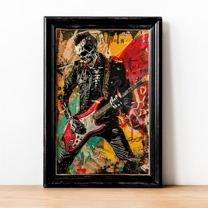 Undead Rockstar Playing Electric Guitar Digital Poster, Unique Decoration Idea, Instant Download, Gothic Musician Wall Art, Gothic Decor