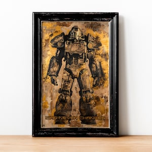 Power Armor Digital Poster with Gold Brush Strokes, Post Apocalyptic Decor, Instant Download, Dystopian Style, Unique Dystopian Art