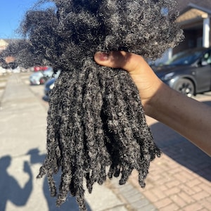 Peut inclure: Un paquet de dreadlocks noirs avec des reflets gris. Les dreadlocks sont épaisses et longues, et elles sont tenues dans la main d'une personne.