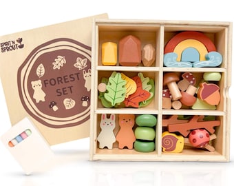 Wooden Forest Sensory Bin - Montessori Toys for Preschool Learning - Wooden Blocks for Toddlers - Open-Ended Tinker Toys for Sensory Play