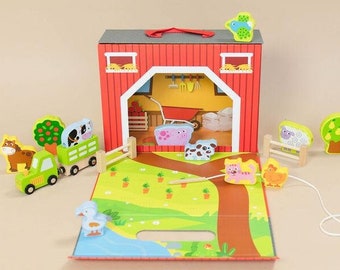 Holz Bauernhof Spielset: Kleinkind Schnürtier mit Tragetasche