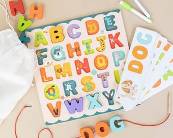 Wooden ABC Alphabet Puzzle: Montessori Classroom Learning Puzzle for Letter Recognition, Educational Learning Toys for Kids Birthday Gifts