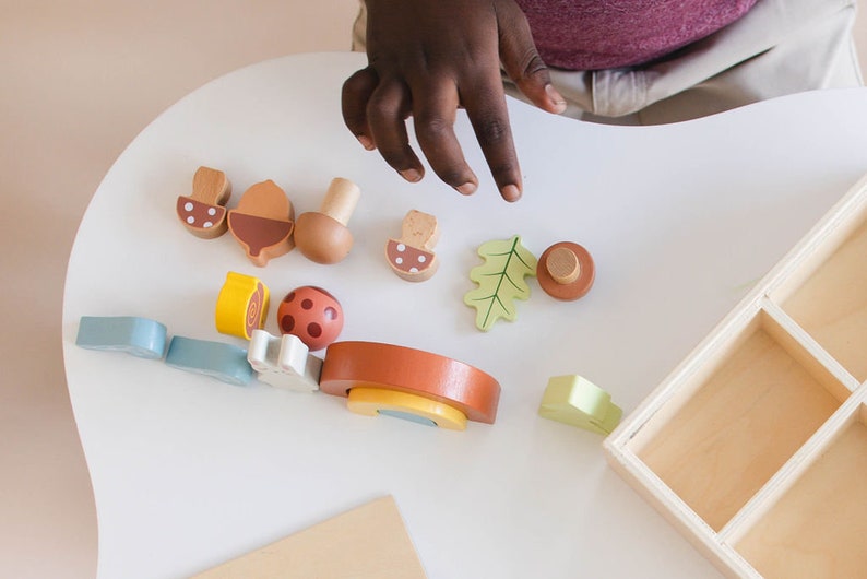 Pode incluir: Um conjunto de brinquedos de madeira com v&aacute;rias formas e cores, incluindo cogumelos, bolotas, folhas e um arco-&iacute;ris. O conjunto est&aacute; disposto sobre uma superf&iacute;cie branca com uma caixa de madeira no fundo.