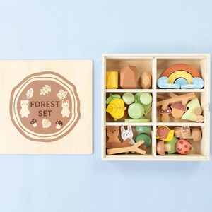 Pode incluir: Uma caixa de madeira cheia de pe&ccedil;as de madeira coloridas, incluindo animais, cogumelos, folhas e um arco-&iacute;ris. A caixa tem um r&oacute;tulo que diz "FOREST SET".