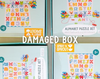 Wooden Alphabet Puzzle: Toddler ABC Learning with Flashcards & White Board (Damaged Box)