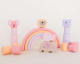 Conjunto de animais de madeira empilháveis rosa pastel: Brinquedo Montessori Arco-Íris